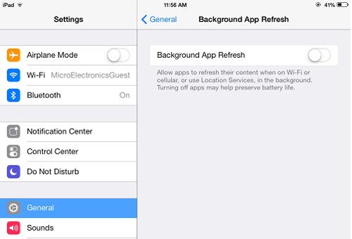 iOS General Settings, Toggle Background App Refresh